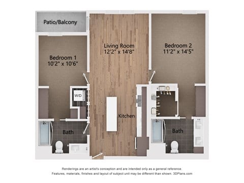 Floor plan for 2 beds, 2 baths, 1035 sqft